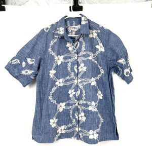 REYN SPOONER Vintage Hawaiian Floral Reverse Print Pop Over Shirt Blue Size M